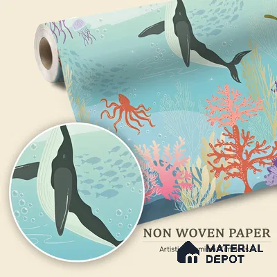 Little Secrets of the Sea Whale And The Aquatic Nature | WP 04087 B Non Woven Matte Finish Nature Style Premium Customized size Wallpaper | 150 GSM WP01MTF Paper | (MOQ = 30 Sq. Ft.)