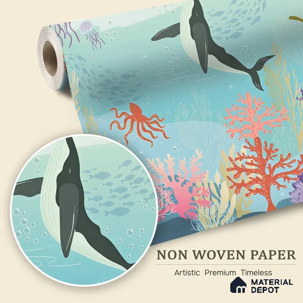 Little Secrets of the Sea Whale And The Aquatic Nature | WP 04087 B Non Woven Matte Finish Nature Style Premium Customized size Wallpaper | 150 GSM WP01MTF Paper | (MOQ = 30 Sq. Ft.)