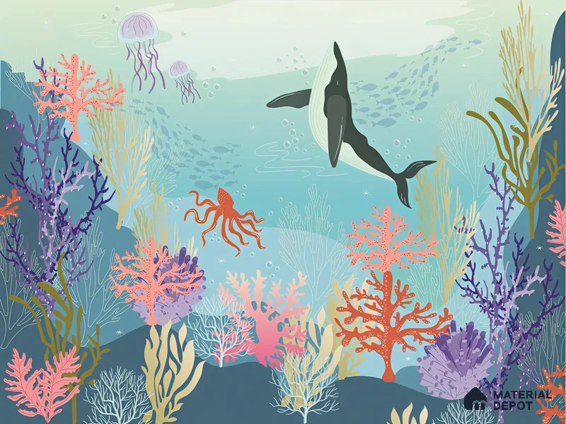 Little Secrets of the Sea Whale And The Aquatic Nature | WP 04087 Canvas Texture Finish Nature Style luxurious Customized size Wallpaper | 250 GSM WP01CNF Paper | (MOQ = 30 Sq. Ft.)