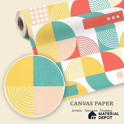 Happy Geometry Club Retro Color Block | WP 04092 Canvas Texture Finish Geometric Style luxurious Customized size Wallpaper | 250 GSM WP01CNF Paper | (MOQ = 30 Sq. Ft.)