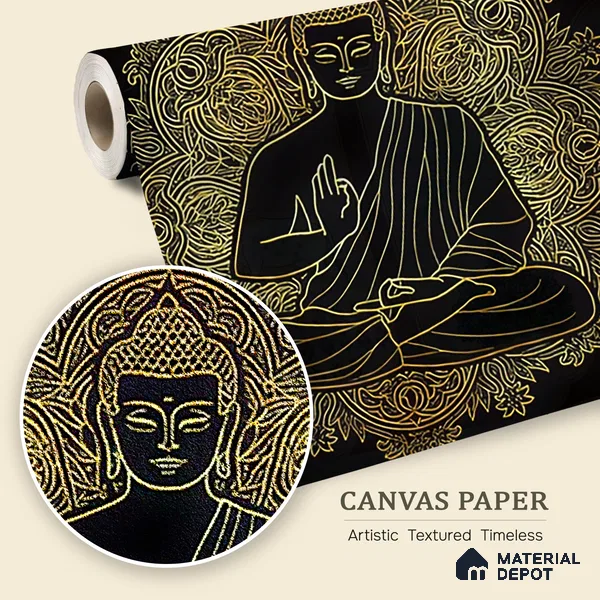Golden Mandala of Inner Awakening Buddha At Meditation | WP 04096 B Canvas Texture Finish Indian Style luxurious Customized size Wallpaper | 250 GSM WP01CNF Paper | (MOQ = 30 Sq. Ft.)