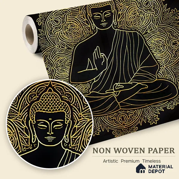 Golden Mandala of Inner Awakening Buddha At Meditation | WP 04096 Non Woven Matte Finish Indian Style Premium Customized size Wallpaper | 150 GSM WP01MTF Paper | (MOQ = 30 Sq. Ft.)