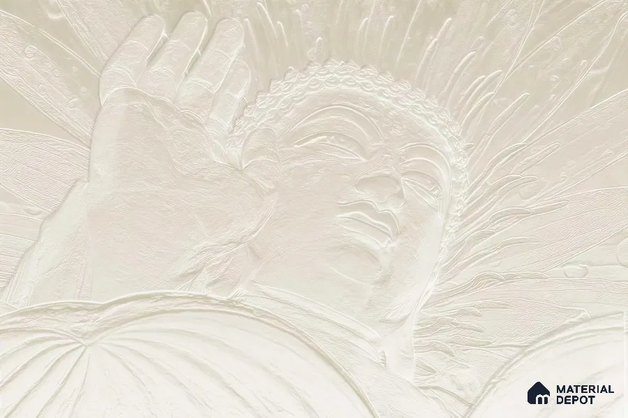 Gesture of Infinite Compassion Mystic Stone Buddha | WP 04097 B Canvas Texture Finish Indian Style luxurious Customized size Wallpaper | 250 GSM WP01CNF Paper | (MOQ = 30 Sq. Ft.)