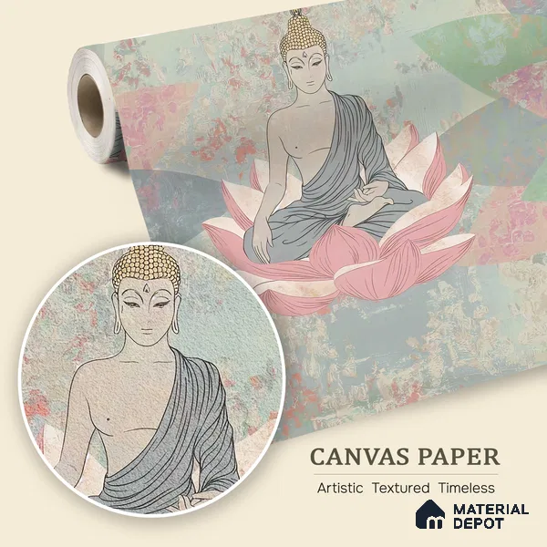 Lotus of Quiet Awakening Buddha At Meditation On Lotus | WP 04098 B Canvas Texture Finish Indian Style luxurious Customized size Wallpaper | 250 GSM WP01CNF Paper | (MOQ = 30 Sq. Ft.)