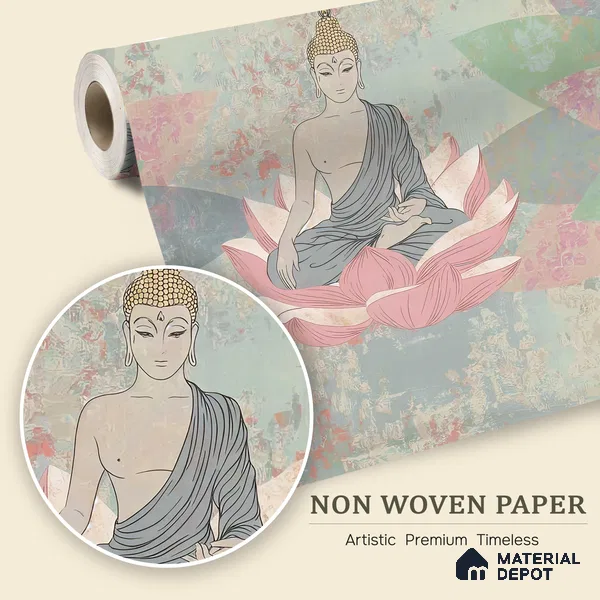 Lotus of Quiet Awakening Buddha At Meditation On Lotus | WP 04098 Non Woven Matte Finish Indian Style Premium Customized size Wallpaper | 150 GSM WP01MTF Paper | (MOQ = 30 Sq. Ft.)