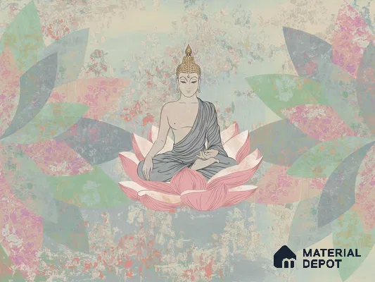 Lotus of Quiet Awakening Buddha At Meditation On Lotus | WP 04098 B Canvas Texture Finish Indian Style luxurious Customized size Wallpaper | 250 GSM WP01CNF Paper | (MOQ = 30 Sq. Ft.)