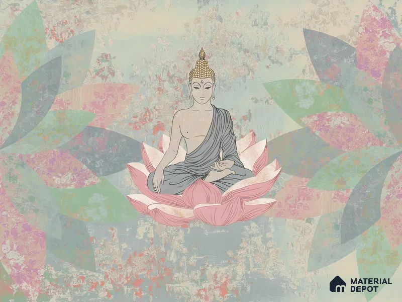 Lotus of Quiet Awakening Buddha At Meditation On Lotus | WP 04098 B Canvas Texture Finish Indian Style luxurious Customized size Wallpaper | 250 GSM WP01CNF Paper | (MOQ = 30 Sq. Ft.)
