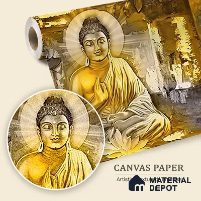 Radiance of the Enlightened Buddha At Meditation | WP 04099 B Canvas Texture Finish Indian Style luxurious Customized size Wallpaper | 250 GSM WP01CNF Paper | (MOQ = 30 Sq. Ft.)