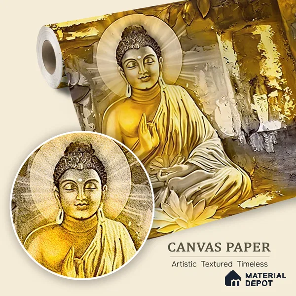 Radiance of the Enlightened Buddha At Meditation | WP 04099 B Canvas Texture Finish Indian Style luxurious Customized size Wallpaper | 250 GSM WP01CNF Paper | (MOQ = 30 Sq. Ft.)