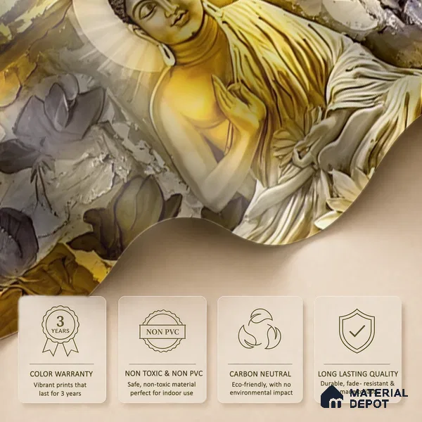 Radiance of the Enlightened Buddha At Meditation | WP 04099 B Canvas Texture Finish Indian Style luxurious Customized size Wallpaper | 250 GSM WP01CNF Paper | (MOQ = 30 Sq. Ft.)