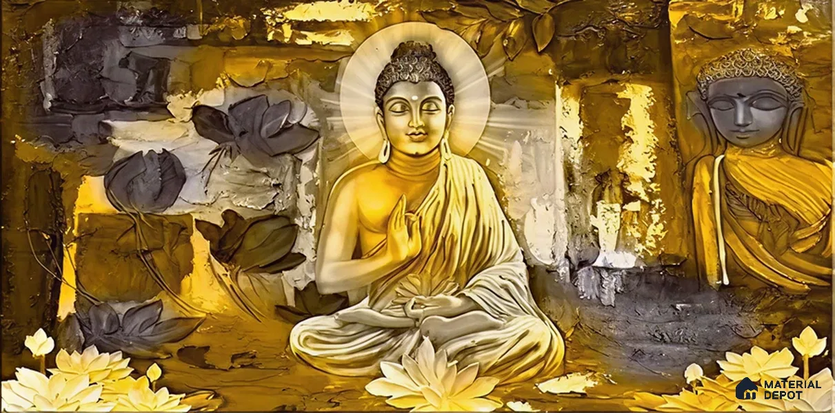 Radiance of the Enlightened Buddha At Meditation | WP 04099 B Canvas Texture Finish Indian Style luxurious Customized size Wallpaper | 250 GSM WP01CNF Paper | (MOQ = 30 Sq. Ft.)