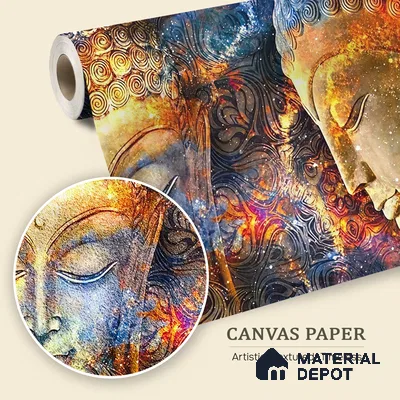 Cosmic Awakening Buddha Artistic Harmony | WP 04100 B Canvas Texture Finish Indian Style luxurious Customized size Wallpaper | 250 GSM WP01CNF Paper | (MOQ = 30 Sq. Ft.)