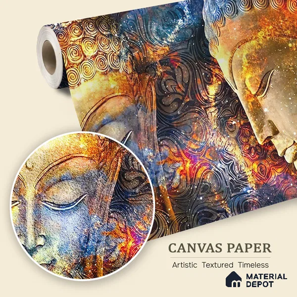 Cosmic Awakening Buddha Artistic Harmony | WP 04100 B Canvas Texture Finish Indian Style luxurious Customized size Wallpaper | 250 GSM WP01CNF Paper | (MOQ = 30 Sq. Ft.)