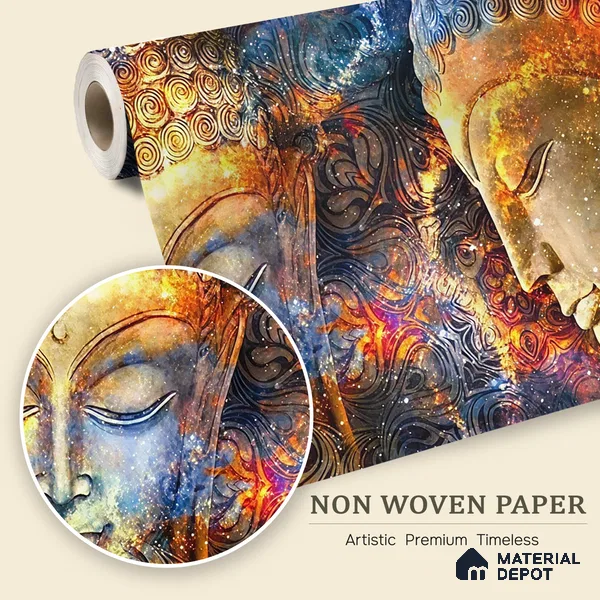 Cosmic Awakening Buddha Artistic Harmony | WP 04100 Non Woven Matte Finish Indian Style Premium Customized size Wallpaper | 150 GSM WP01MTF Paper | (MOQ = 30 Sq. Ft.)