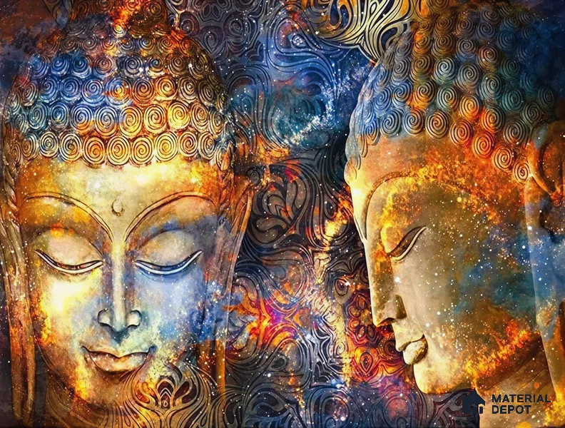 Cosmic Awakening Buddha Artistic Harmony | WP 04100 B Canvas Texture Finish Indian Style luxurious Customized size Wallpaper | 250 GSM WP01CNF Paper | (MOQ = 30 Sq. Ft.)