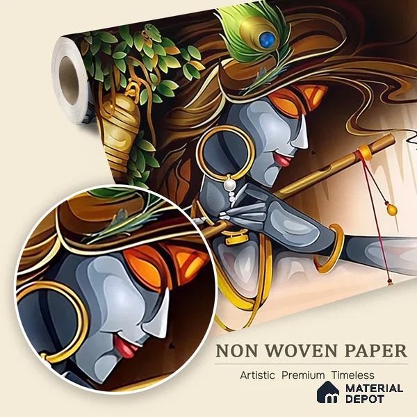 Melody of Mischief Krishna Playing Flute | WP 04103 Non Woven Matte Finish Indian Style Premium Customized size Wallpaper | 150 GSM WP01MTF Paper | (MOQ = 30 Sq. Ft.)