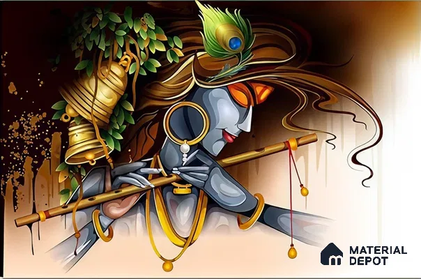 Melody of Mischief Krishna Playing Flute | WP 04103 B Canvas Texture Finish Indian Style luxurious Customized size Wallpaper | 250 GSM WP01CNF Paper | (MOQ = 30 Sq. Ft.)