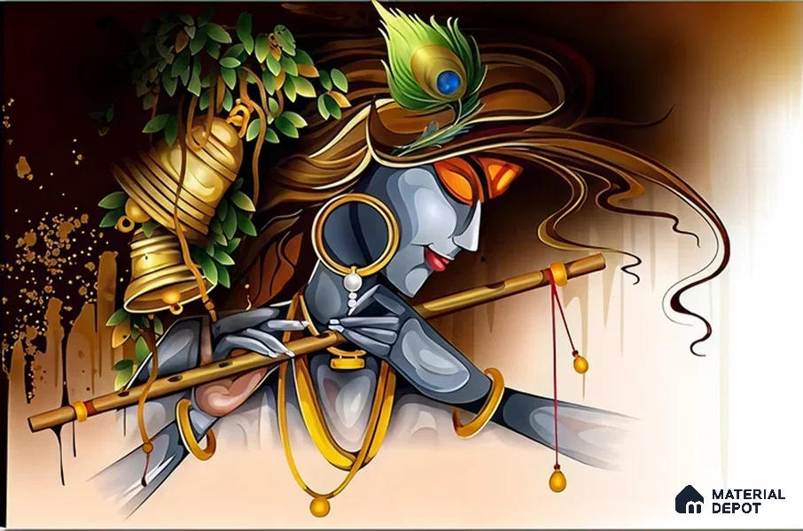Melody of Mischief Krishna Playing Flute | WP 04103 B Canvas Texture Finish Indian Style luxurious Customized size Wallpaper | 250 GSM WP01CNF Paper | (MOQ = 30 Sq. Ft.)