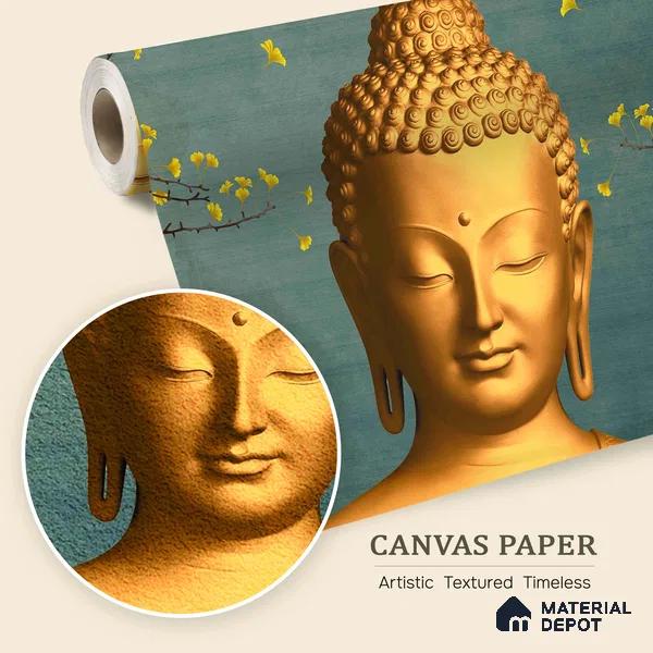 Petals of Enlightenment Golden Buddha With Nature | WP 04107 B Canvas Texture Finish Indian Style luxurious Customized size Wallpaper | 250 GSM WP01CNF Paper | (MOQ = 30 Sq. Ft.)