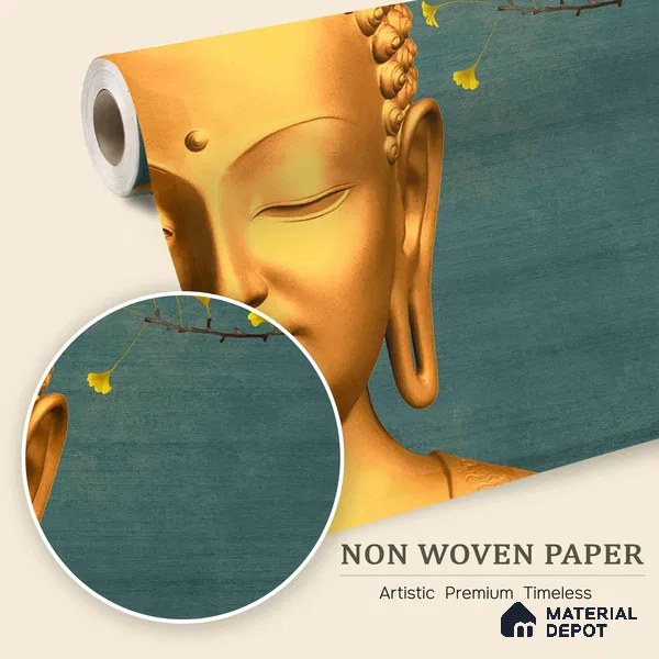 Petals of Enlightenment Golden Buddha With Nature | WP 04107 Non Woven Matte Finish Indian Style Premium Customized size Wallpaper | 150 GSM WP01MTF Paper | (MOQ = 30 Sq. Ft.)