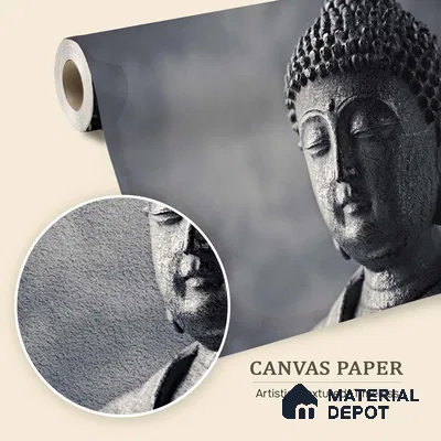 Patina of Peace Stone Buddha On Charcoal Background | WP 04109 B Canvas Texture Finish Indian Style luxurious Customized size Wallpaper | 250 GSM WP01CNF Paper | (MOQ = 30 Sq. Ft.)