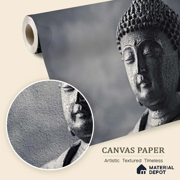 Patina of Peace Stone Buddha On Charcoal Background | WP 04109 B Canvas Texture Finish Indian Style luxurious Customized size Wallpaper | 250 GSM WP01CNF Paper | (MOQ = 30 Sq. Ft.)