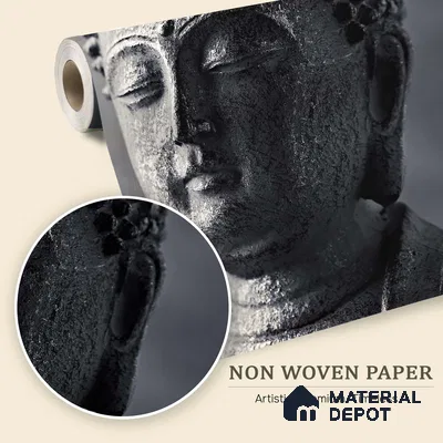 Patina of Peace Stone Buddha On Charcoal Background | WP 04109 Non Woven Matte Finish Indian Style Premium Customized size Wallpaper | 150 GSM WP01MTF Paper | (MOQ = 30 Sq. Ft.)