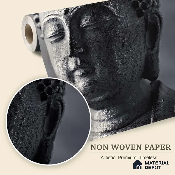 Patina of Peace Stone Buddha On Charcoal Background | WP 04109 Non Woven Matte Finish Indian Style Premium Customized size Wallpaper | 150 GSM WP01MTF Paper | (MOQ = 30 Sq. Ft.)