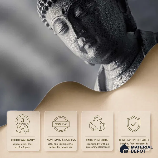 Patina of Peace Stone Buddha On Charcoal Background | WP 04109 B Canvas Texture Finish Indian Style luxurious Customized size Wallpaper | 250 GSM WP01CNF Paper | (MOQ = 30 Sq. Ft.)