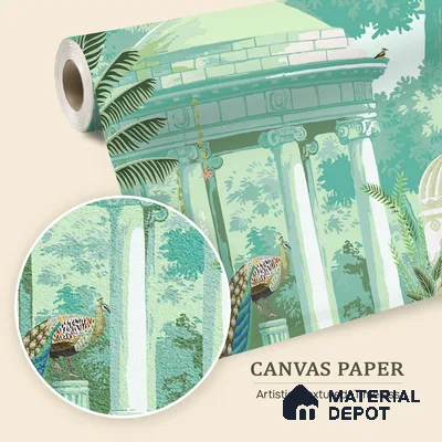 Green That Never Rushes Garden With Peacocks | WP 04111 B Canvas Texture Finish Indian Style luxurious Customized size Wallpaper | 250 GSM WP01CNF Paper | (MOQ = 30 Sq. Ft.)