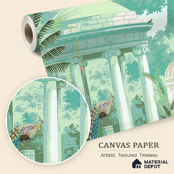Green That Never Rushes Garden With Peacocks | WP 04111 B Canvas Texture Finish Indian Style luxurious Customized size Wallpaper | 250 GSM WP01CNF Paper | (MOQ = 30 Sq. Ft.)