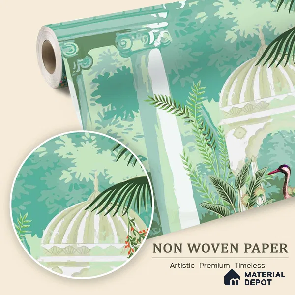 Green That Never Rushes Garden With Peacocks | WP 04111 Non Woven Matte Finish Indian Style Premium Customized size Wallpaper | 150 GSM WP01MTF Paper | (MOQ = 30 Sq. Ft.)