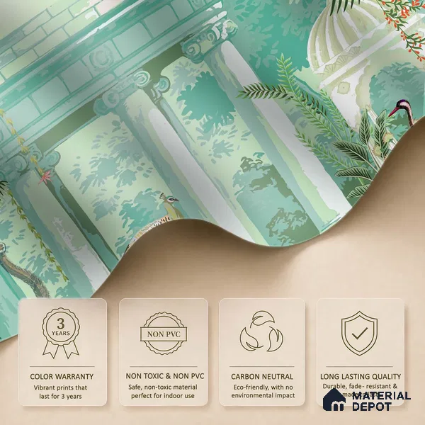 Green That Never Rushes Garden With Peacocks | WP 04111 B Canvas Texture Finish Indian Style luxurious Customized size Wallpaper | 250 GSM WP01CNF Paper | (MOQ = 30 Sq. Ft.)