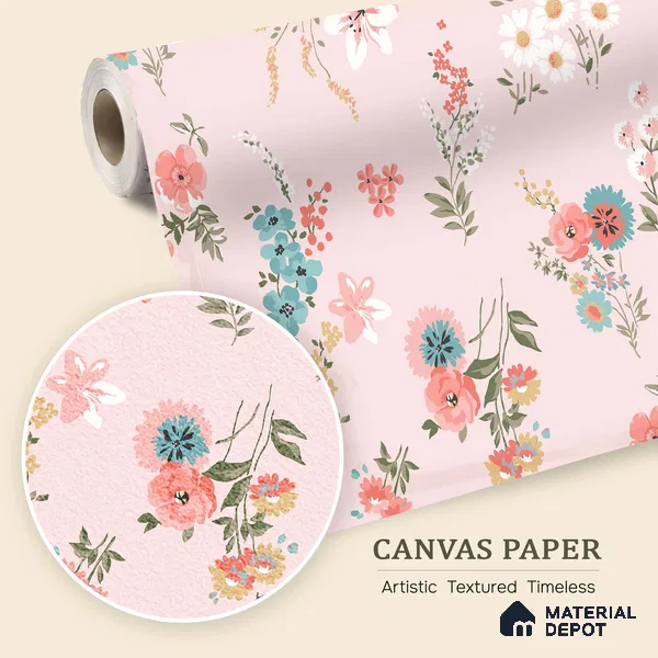 Petals That Drift Softly Vivid Pink Blue Daisy Bouquet | WP 04115 Canvas Texture Finish Florals Style luxurious Customized size Wallpaper | 250 GSM WP01CNF Paper | (MOQ = 30 Sq. Ft.)