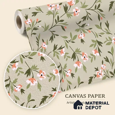 Wildflowers on Sage Ground Tangerine Bloom Brush Effect | WP 04118 Canvas Texture Finish Florals Style luxurious Customized size Wallpaper | 250 GSM WP01CNF Paper | (MOQ = 30 Sq. Ft.)
