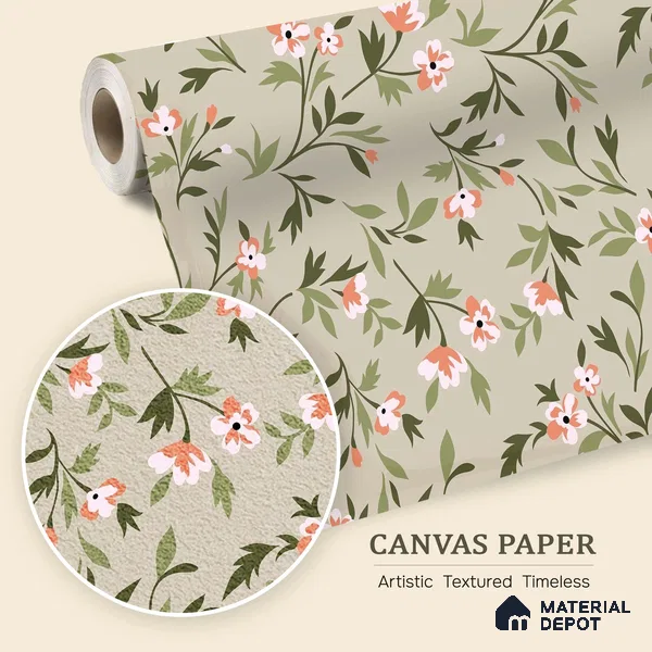 Wildflowers on Sage Ground Tangerine Bloom Brush Effect | WP 04118 Canvas Texture Finish Florals Style luxurious Customized size Wallpaper | 250 GSM WP01CNF Paper | (MOQ = 30 Sq. Ft.)