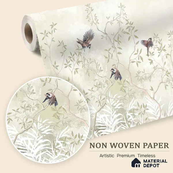 Natural Wood-Toned Branches Where the Birds Rest Blush Pink Rose Cluster | WP 04120 B Non Woven Matte Finish Tropical Style Premium Customized size Wallpaper | 150 GSM WP01MTF Paper | (MOQ = 30 Sq. Ft.) | Design change not possible