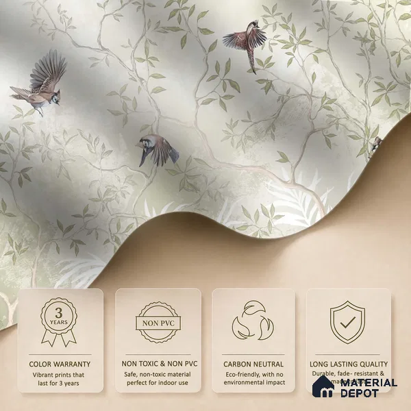 Natural Wood-Toned Branches Where the Birds Rest Blush Pink Rose Cluster | WP 04120 B Non Woven Matte Finish Tropical Style Premium Customized size Wallpaper | 150 GSM WP01MTF Paper | (MOQ = 30 Sq. Ft.) | Design change not possible