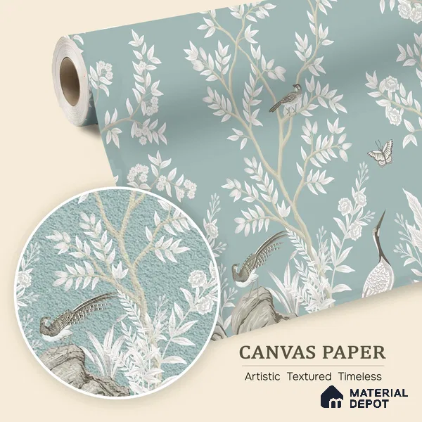 Stillness in Pale Blue Violet Whimsy Floral Art | WP 04121 Canvas Texture Finish Florals Style luxurious Customized size Wallpaper | 250 GSM WP01CNF Paper | (MOQ = 30 Sq. Ft.)