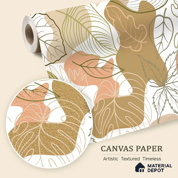 Leaf Geometry Warm Toned Poppy Spread | WP 04136 Canvas Texture Finish Tropical Style luxurious Customized size Wallpaper | 250 GSM WP01CNF Paper | (MOQ = 30 Sq. Ft.)