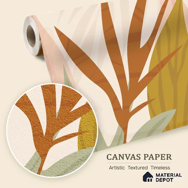 Warm Earth Leaves Wild Pattern | WP 04145 Canvas Texture Finish Tropical Style luxurious Customized size Wallpaper | 250 GSM WP01CNF Paper | (MOQ = 30 Sq. Ft.)