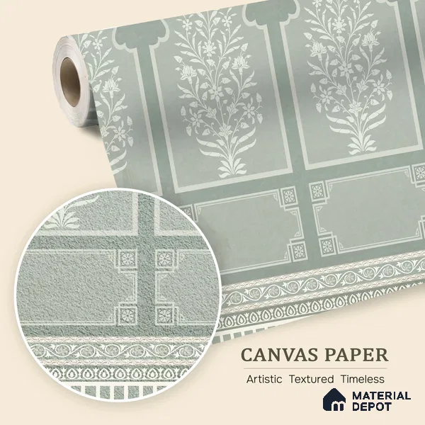 Ivory Jharokha Rangoli Style Leaf Bloom | WP 04164 B Canvas Texture Finish Indian Style luxurious Customized size Wallpaper | 250 GSM WP01CNF Paper | (MOQ = 30 Sq. Ft.) | Design change not possible