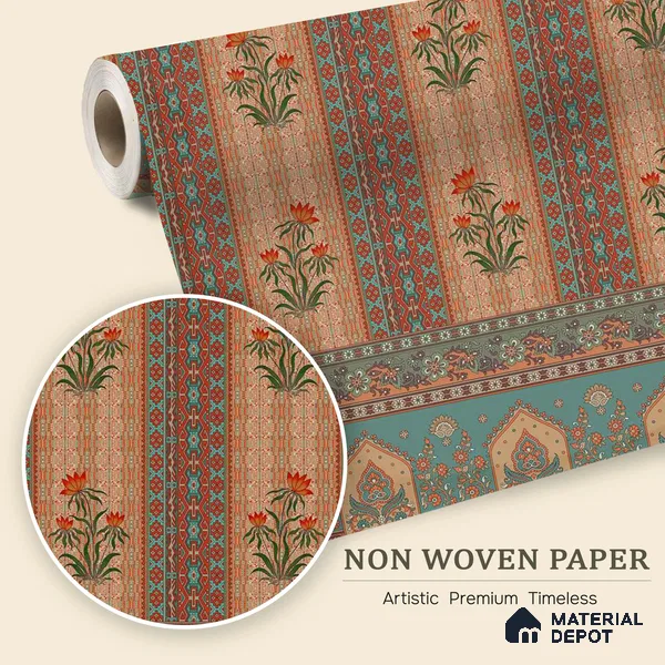 Bagru Darbar Earth Tone Paisley Sketch | WP 04165 Non Woven Matte Finish Indian Style Premium Customized size Wallpaper | 150 GSM WP01MTF Paper | (MOQ = 30 Sq. Ft.) | Design change not possible