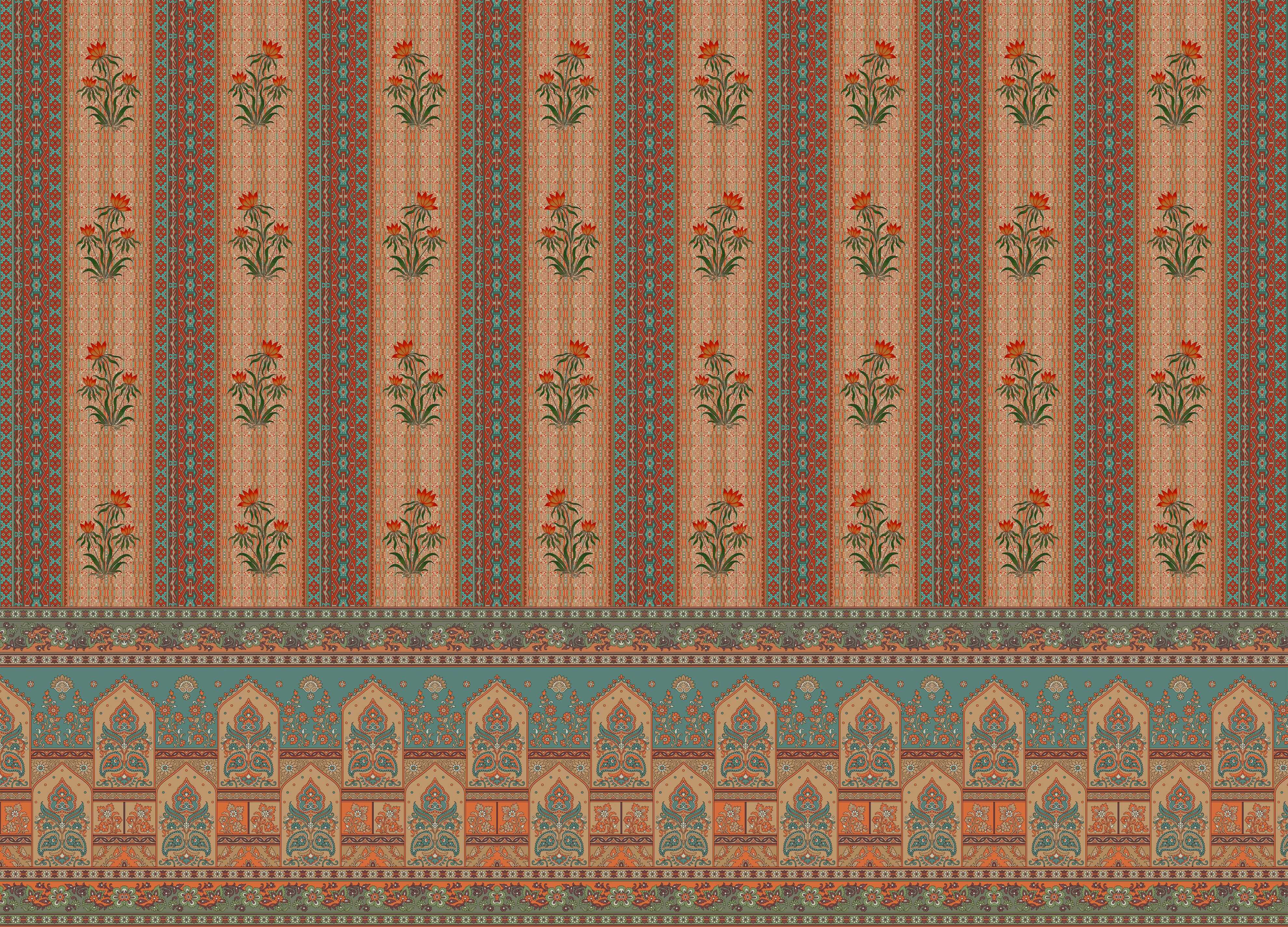 Bagru Darbar Earth Tone Paisley Sketch | WP 04165 Non Woven Matte Finish Indian Style Premium Customized size Wallpaper | 150 GSM WP01MTF Paper | (MOQ = 30 Sq. Ft.) | Design change not possible