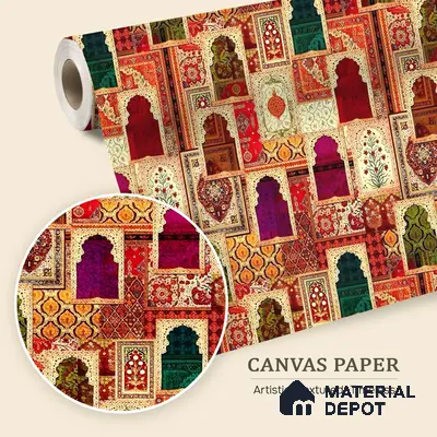 Rangrez Khazana Temple Arch Floral Brush | WP 04167 B Canvas Texture Finish Indian Style luxurious Customized size Wallpaper | 250 GSM WP01CNF Paper | (MOQ = 30 Sq. Ft.)