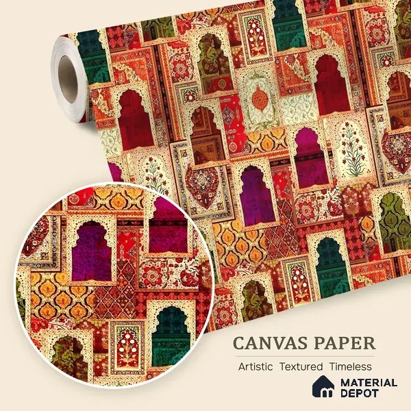 Rangrez Khazana Temple Arch Floral Brush | WP 04167 B Canvas Texture Finish Indian Style luxurious Customized size Wallpaper | 250 GSM WP01CNF Paper | (MOQ = 30 Sq. Ft.)