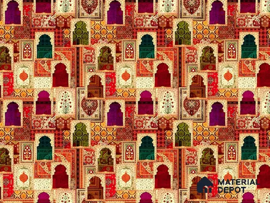 Rangrez Khazana Temple Arch Floral Brush | WP 04167 B Canvas Texture Finish Indian Style luxurious Customized size Wallpaper | 250 GSM WP01CNF Paper | (MOQ = 30 Sq. Ft.)