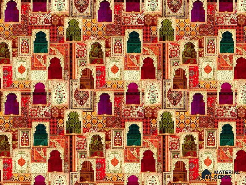Rangrez Khazana Temple Arch Floral Brush | WP 04167 B Canvas Texture Finish Indian Style luxurious Customized size Wallpaper | 250 GSM WP01CNF Paper | (MOQ = 30 Sq. Ft.)