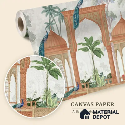 Rajmahal Garden Elegant Haveli Motif | WP 04169 B Canvas Texture Finish Indian Style luxurious Customized size Wallpaper | 250 GSM WP01CNF Paper | (MOQ = 30 Sq. Ft.)