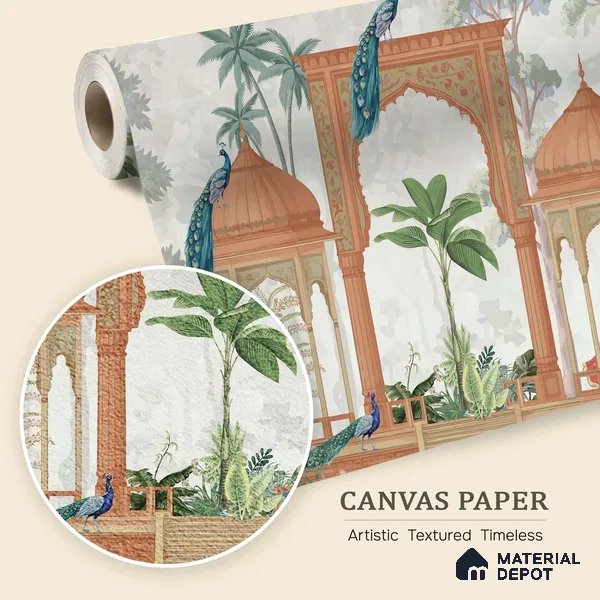 Rajmahal Garden Elegant Haveli Motif | WP 04169 B Canvas Texture Finish Indian Style luxurious Customized size Wallpaper | 250 GSM WP01CNF Paper | (MOQ = 30 Sq. Ft.)